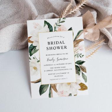 magnolia floral gold frame bridal shower Invitations