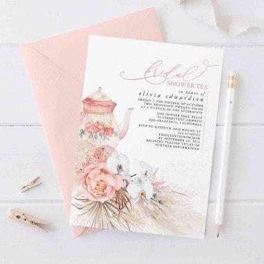 Soft Pink Floral Pampas Grass Bridal Shower Tea Invitations